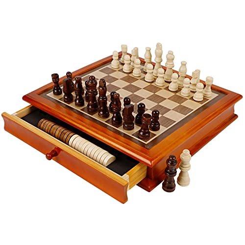 Juegoal 12-Inch Wooden Chess & Checkers Set with Storage...