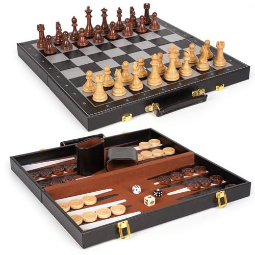 Chess Checkers Backgammon Set 3-in-1 Board Games Folding...