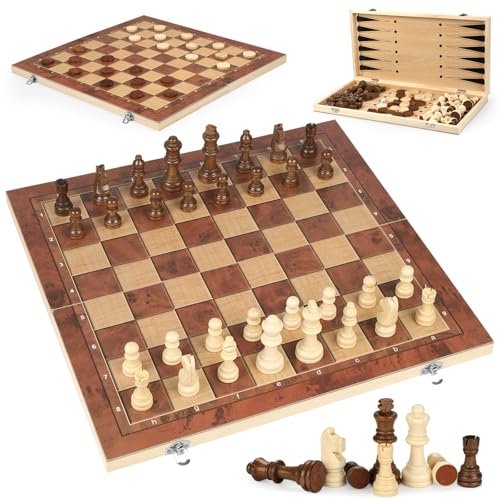 Chess Checkers Backgammon 3-in-1 Board Games Sets, Wooden...