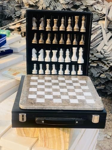 15 Inch Marble Chess with 32 Pieces, Grey White Rexine