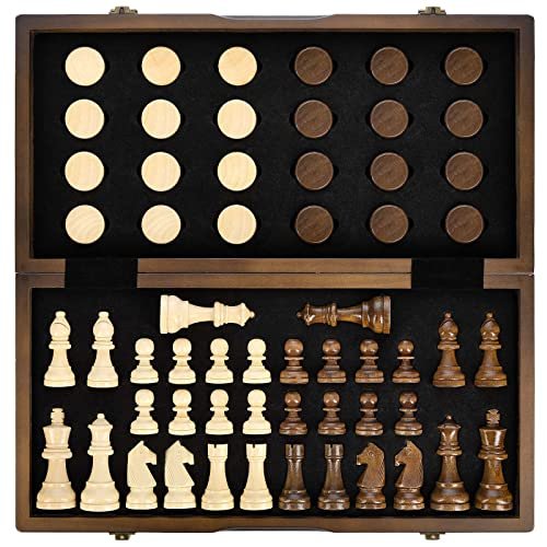 AMEROUS Magnetic Wooden Chess and Checkers Game Set for...