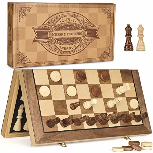 AMEROUS 15'' Magnetic Wooden Chess & Checkers Set with...