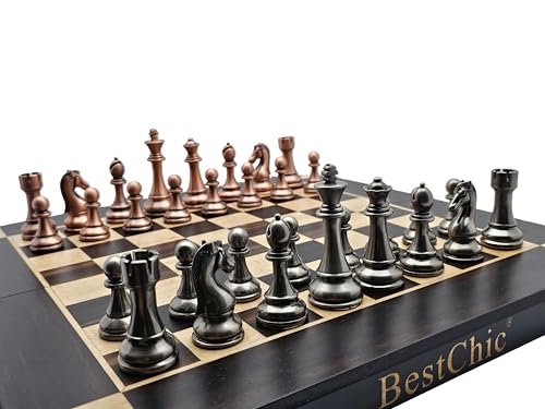15-Inch Retro Metal Chess Set, Foldable Wooden Board