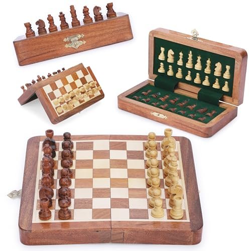 Ajuny Magnetic Travel Chess Set - Handcrafted Acacia Wood.