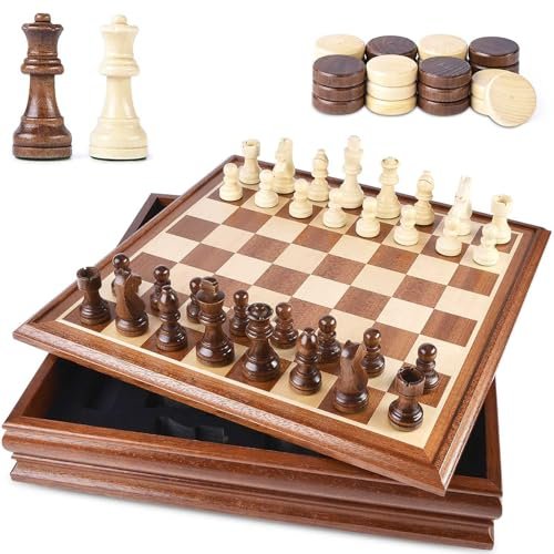 VAMSLOVE Chess and Checkers Board Game Sets Wooden Deluxe.