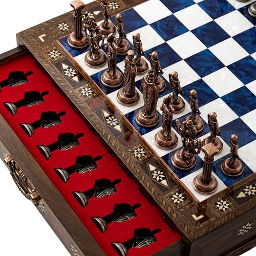 15” Handmade Wooden Storage Chess Set – with Metal Pieces,