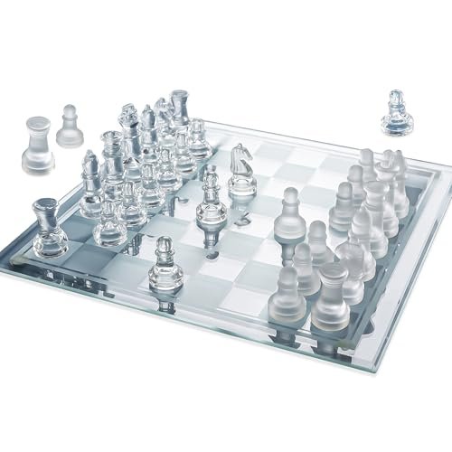 Gamie Premium Glass Chess Set, 12 Inch, Frosted Pieces.