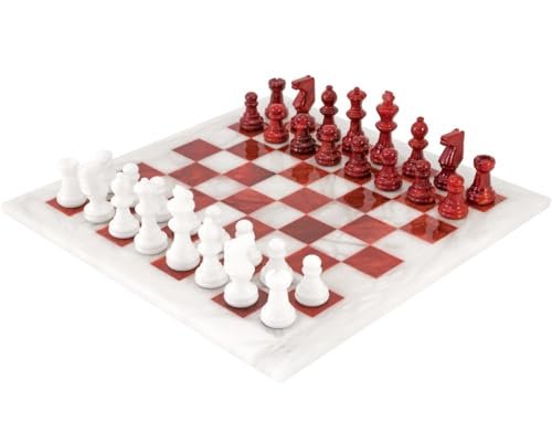 Red and White Alabaster Chess Set 14.5 Inches