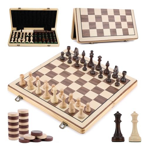 15 Inch Wooden Chess Set with Folding Board Storage