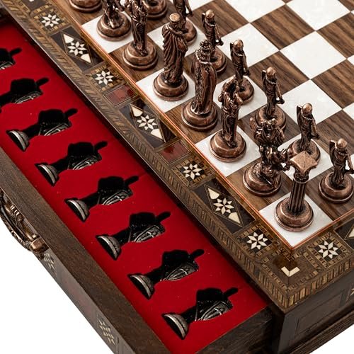 15’’ Handmade Walnut Wooden Chess Set – Metal Storage.