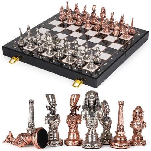 Large Egyptian Metal Chess Set for Adults with Marbling...