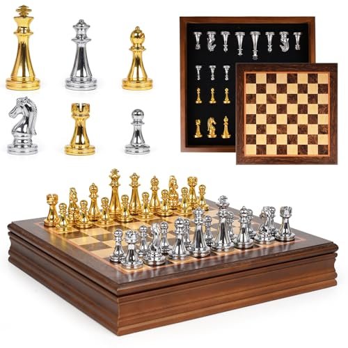 12-Inch Metal Chess Set with Wooden Board and Extra Queens.