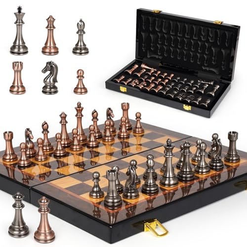 Luxury Metal Chess Set with 15 Inch Wooden Board.