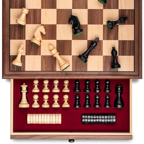 A&A 15 inch Walnut Wooden Chess Set with Storage.