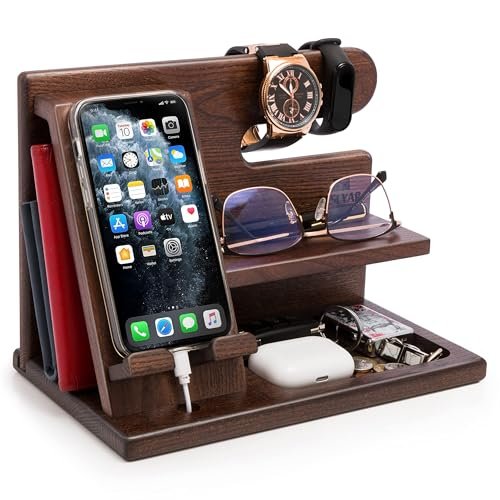 TESLYAR Wood Phone Docking Station for Men Desktop Organizer