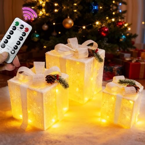 Christmas Lighted Boxes with Bows,Set of 3 with Remote...