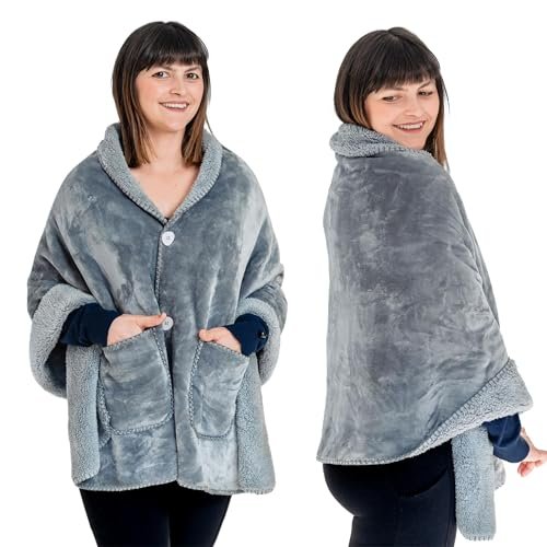 Premium Double Layer Poncho Blanket -No Sleeves Silver Grey