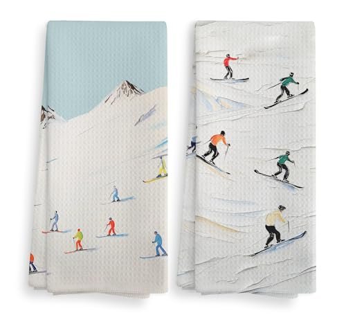 NOQL Winter Skiing Skier Kitchen Towels and Dishcloths Set