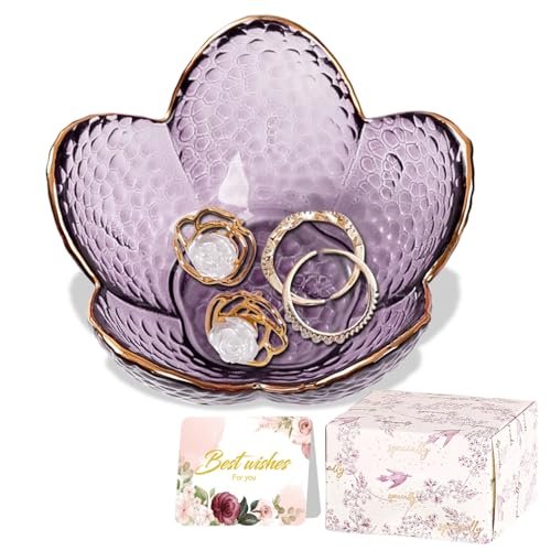 Purple Flower Jewelry Dish Glass Ring Holder Trinket Tray