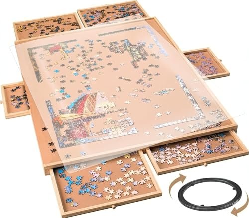 Rotating Wooden Puzzle Board for with 6 Storage Drawers