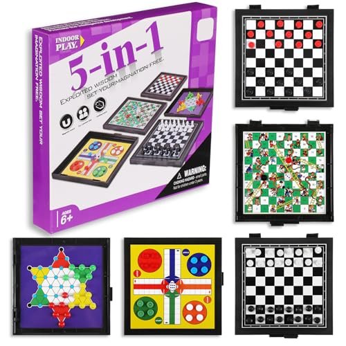 5 in 1 Small Magnetic Checkers Board Travel Set