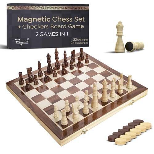 Wooden Magnetic Chess Set & Checkers Board Foldable